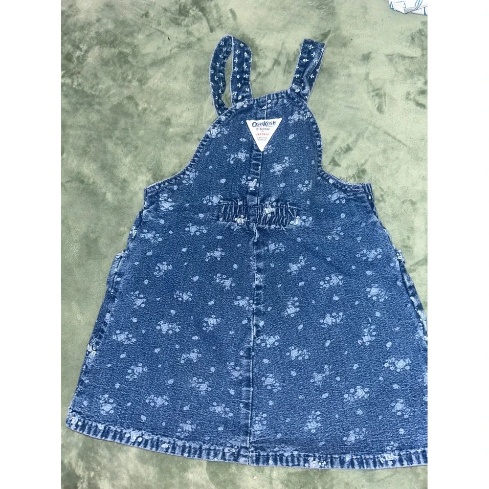 Vintage OshKosh Bgosh Vestbak Denim Jumper‎ Dress Teddy Bear Floral Blue 4T USA